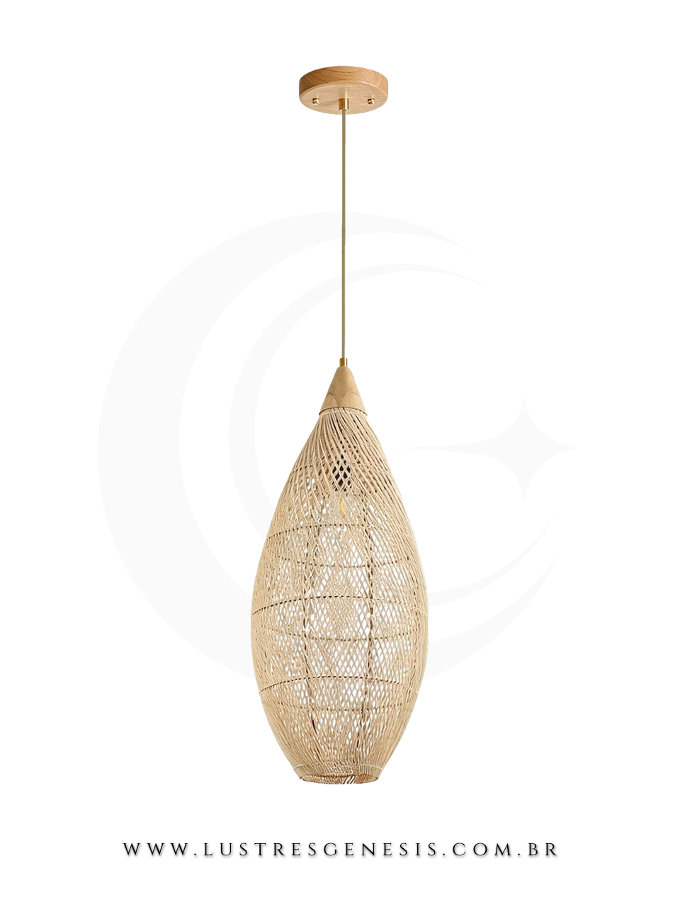 Lumin&aacute;ria Pendente de Rattan Natural &Oslash;35cm Dourado com Canopla Madeira para Bancada Cozinha &Aacute;rea Gourmet, Lavabo, Cabeceira
